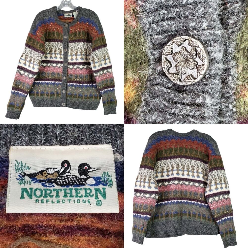 Vintage 90s Northern Reflections Forest Cabin Knit Cardigan Sweater L/XL